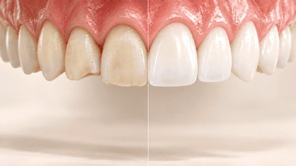 Antes e depois de restauração de dente na estética dental